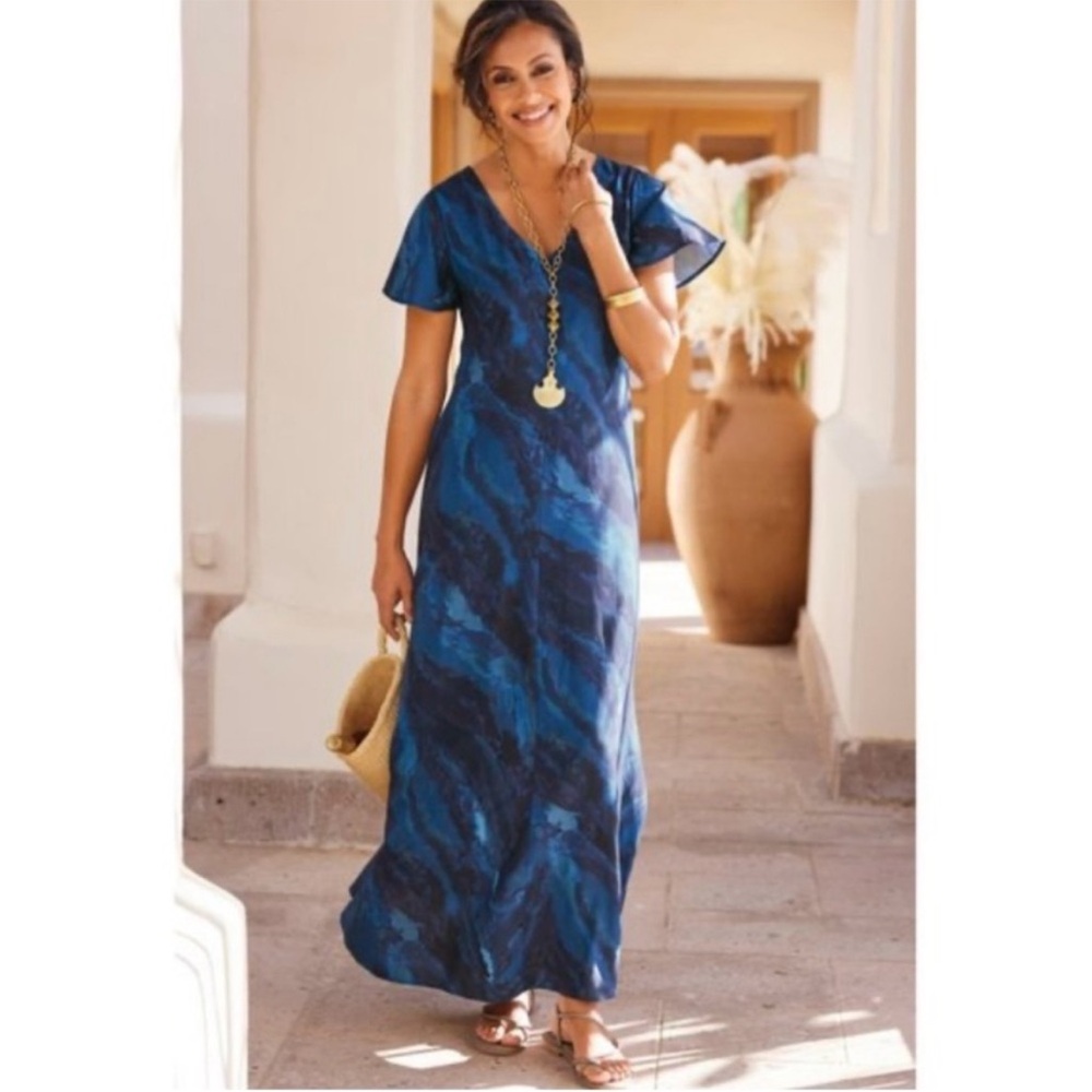 Soft Surroundings Blue Marble Print Flutter Sleeve Viscose Maxi Dress